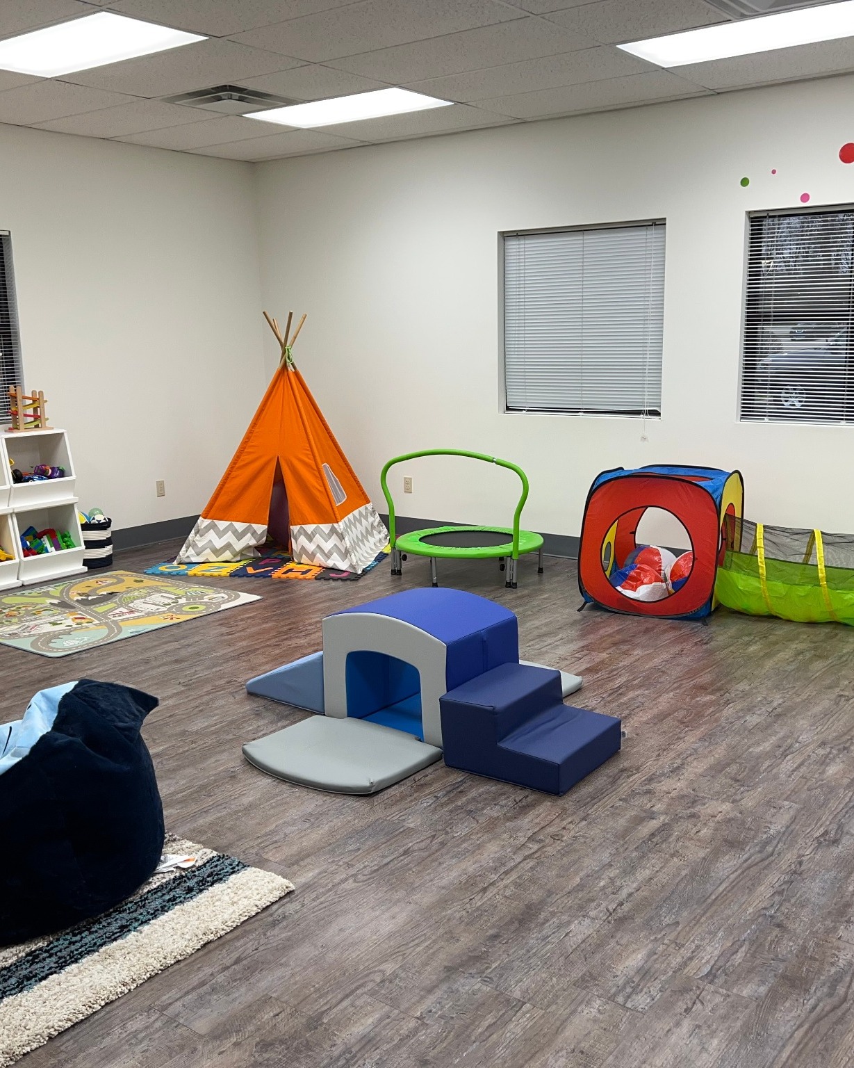 The playroom at ALI. Children’s tents, climbing stairs, trampolines, and toys scattered around the room. The playroom at ALI. Children's tents, climbing stairs, trampolines, and toys scattered around the room.